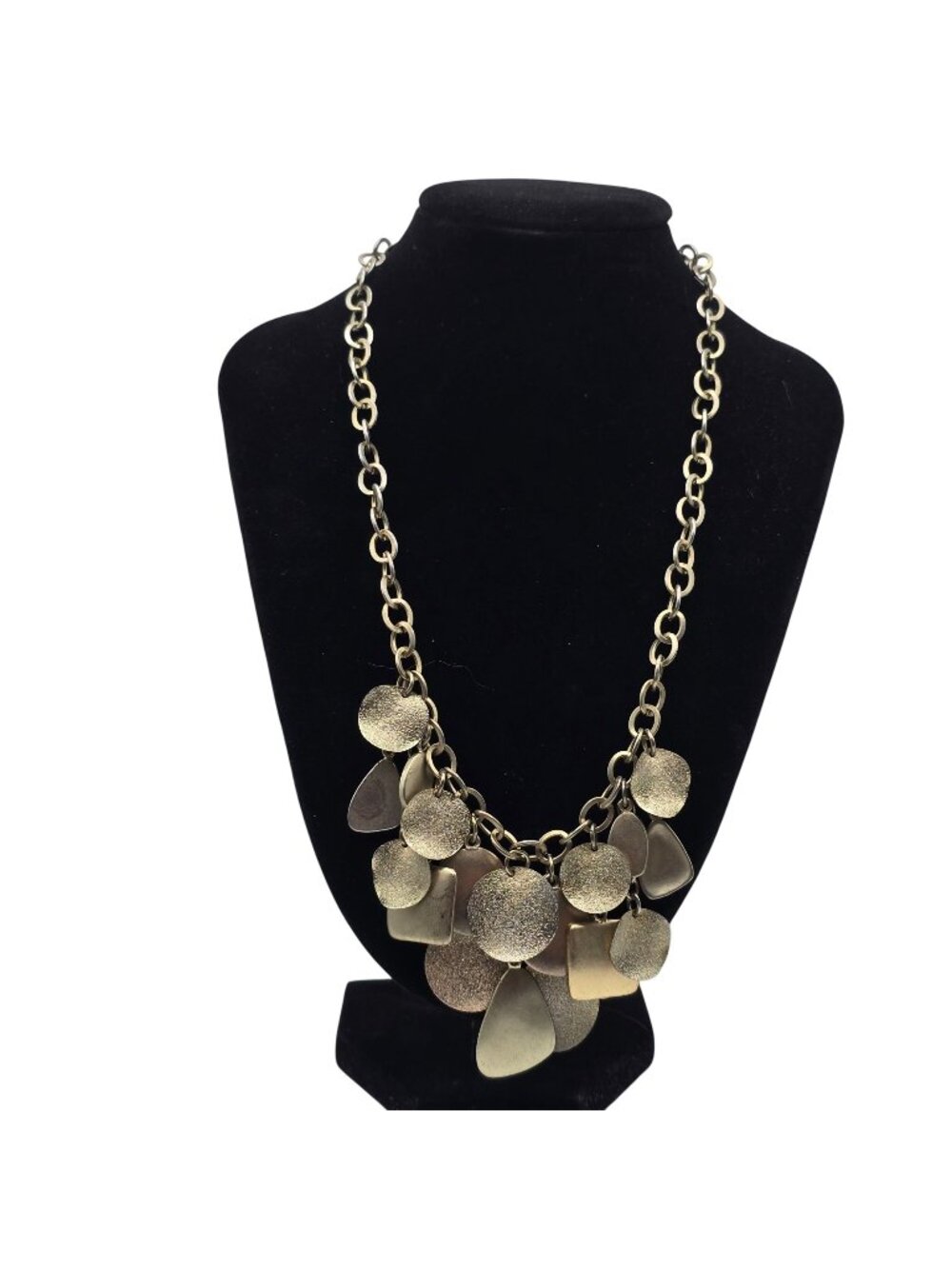 Gold Tone Geometric Disc Charm Statement Necklace Textured Bib Adjustable 20"